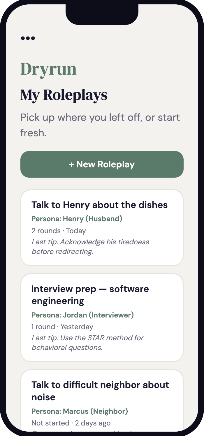 DryRun: My Roleplays list screen