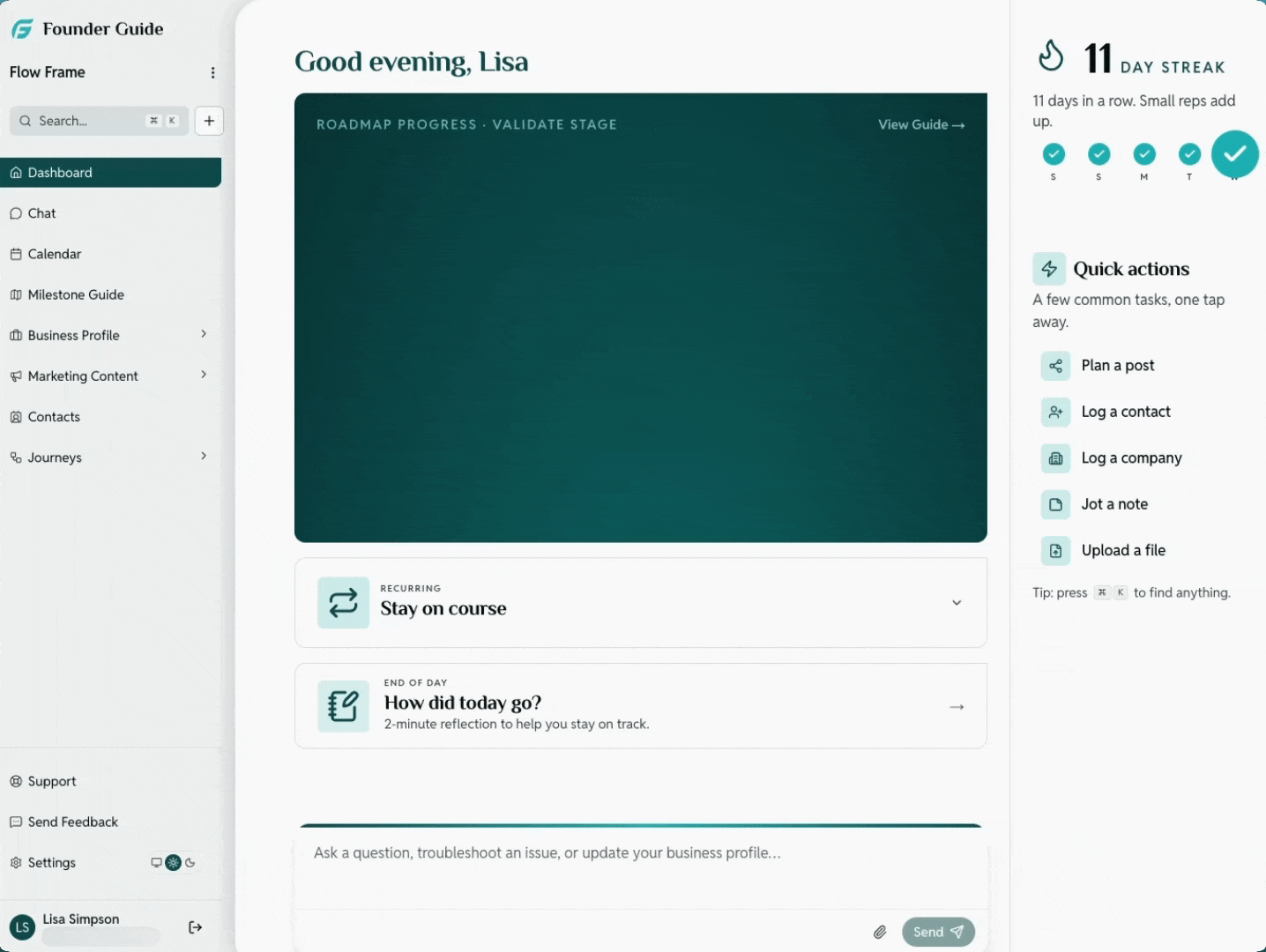 Founder Guide workspace dashboard with roadmap progress and daily tasks